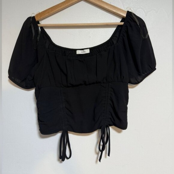 Active USA Women’s Black Puff Sleeve Ruched Crop Top Size L - Picture 2 of 5